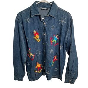 Vintage Sara Studio Denim Button Down Embroidered Snow M